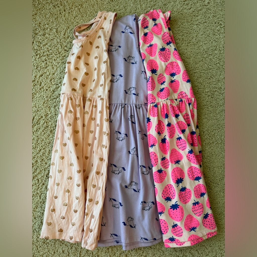 Lot Of 3: Girls Cotton Casual Sleeveless Dresses(Hearts, Unicorns, Strawberries)